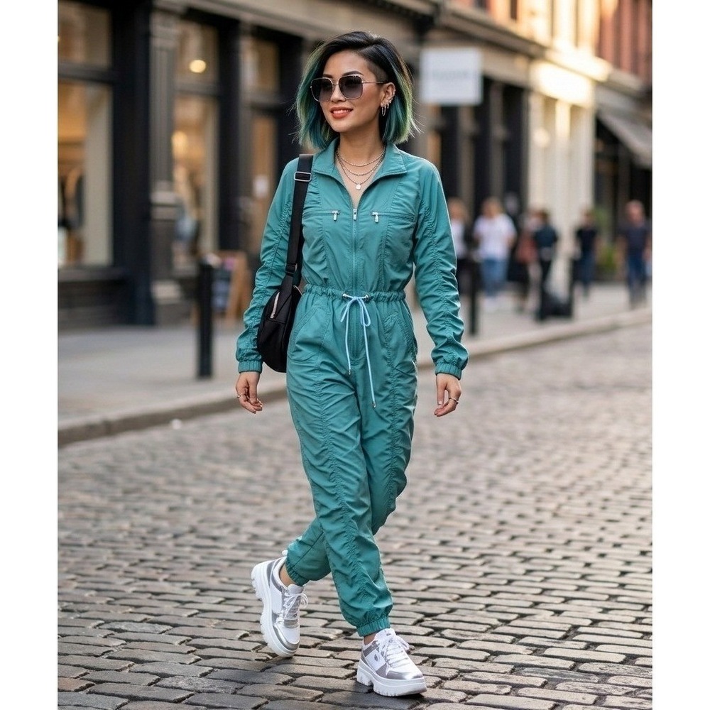 Fabletics Women XS McKenzie Jumpsuit Teal Green Ruched Zip Utility Activewear